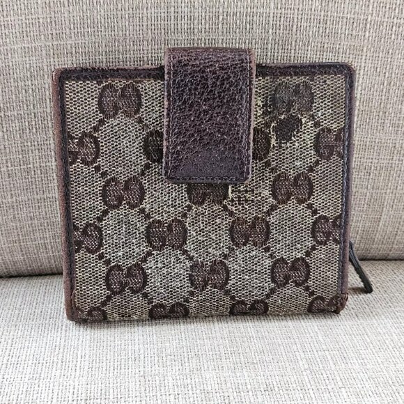 Gucci Wallet Card Holder Brown Leather Canvas GG Bi Fold made in Italy Authentic